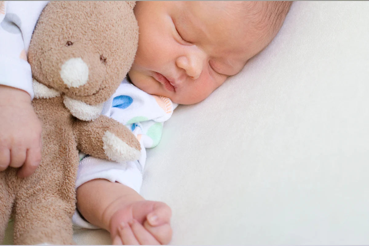 Baby sleeps with soft plush baby toy puppy in brown and white
