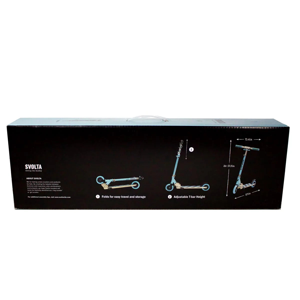 The back side of a product box for the SVOLTA Legend Kick Scooter, showing white line drawings of the scooter in different views with dimensions on a white background.