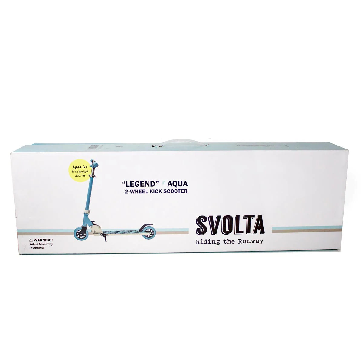 The retail packaging box for the SVOLTA 'Legend' Aqua 2-Wheel Kick Scooter, shown against a plain white background.