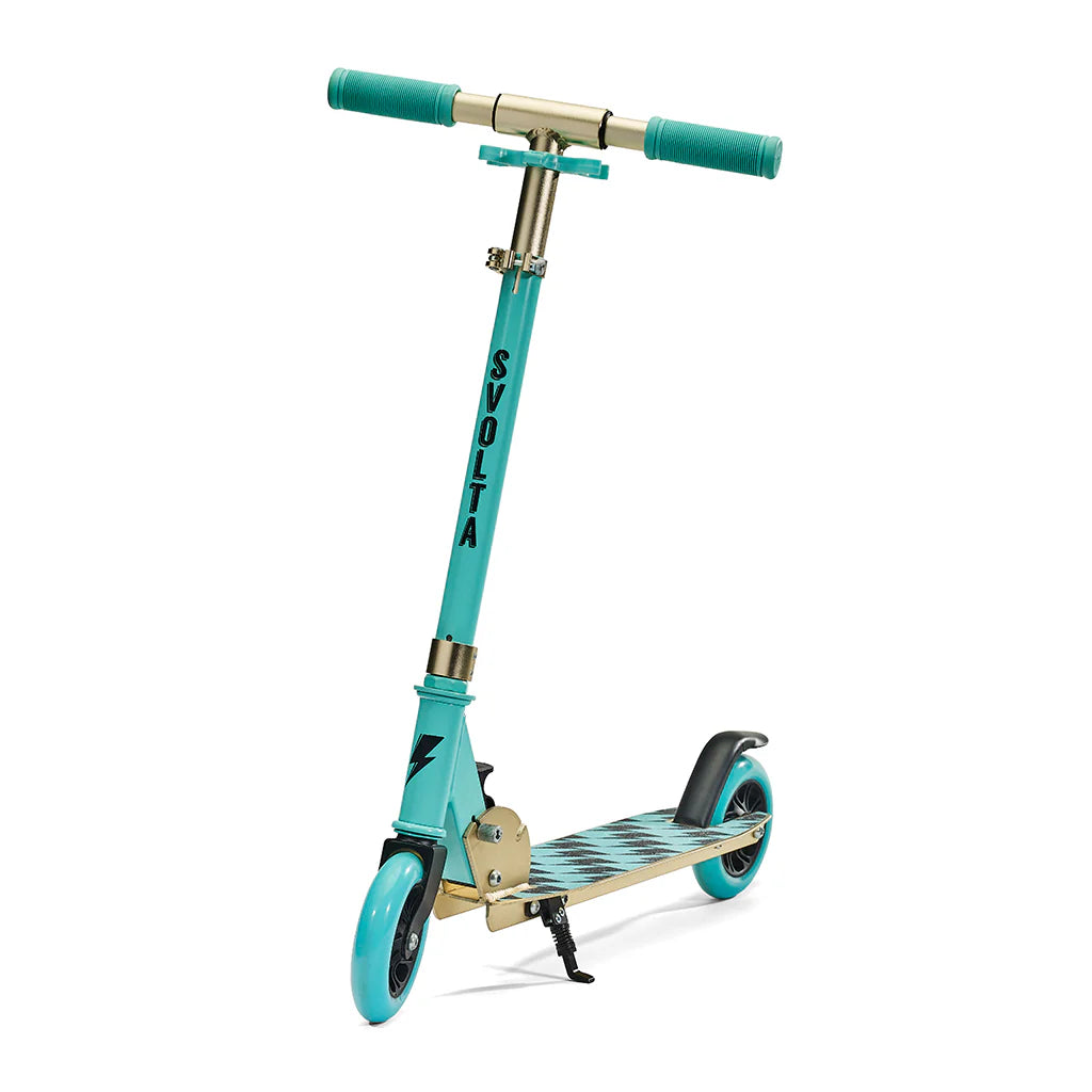 A turquoise and gold SVOLTA folding kick scooter with a checkered deck, shown on a clean white background.