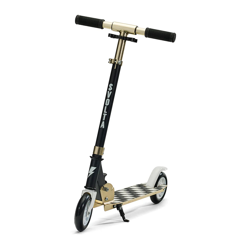 A black and gold kick scooter with a black-and-white checkered deck, black handlebar grips, and the brand name 'SVOLTA' printed vertically on the stem, shown on a white background.