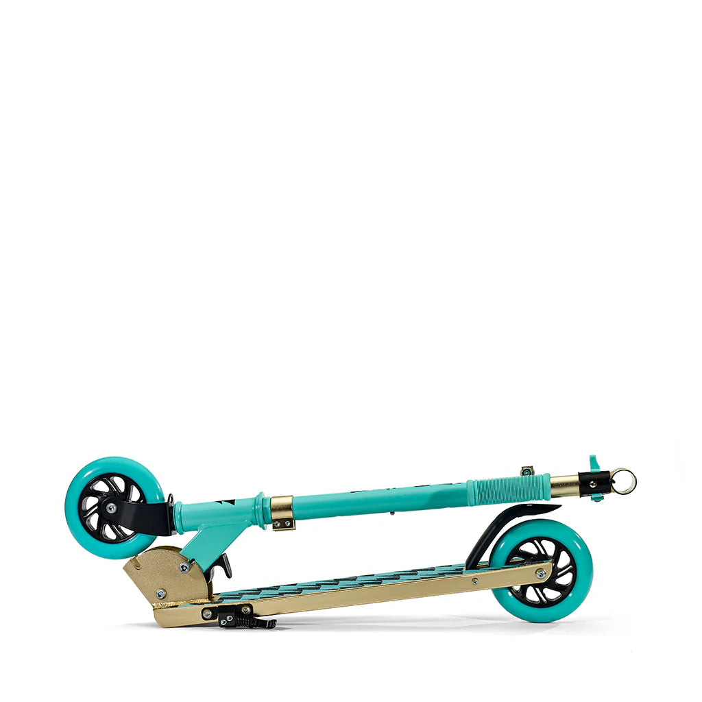 A compact folded turquoise and gold kick scooter shown in a side profile view on a clean white background.