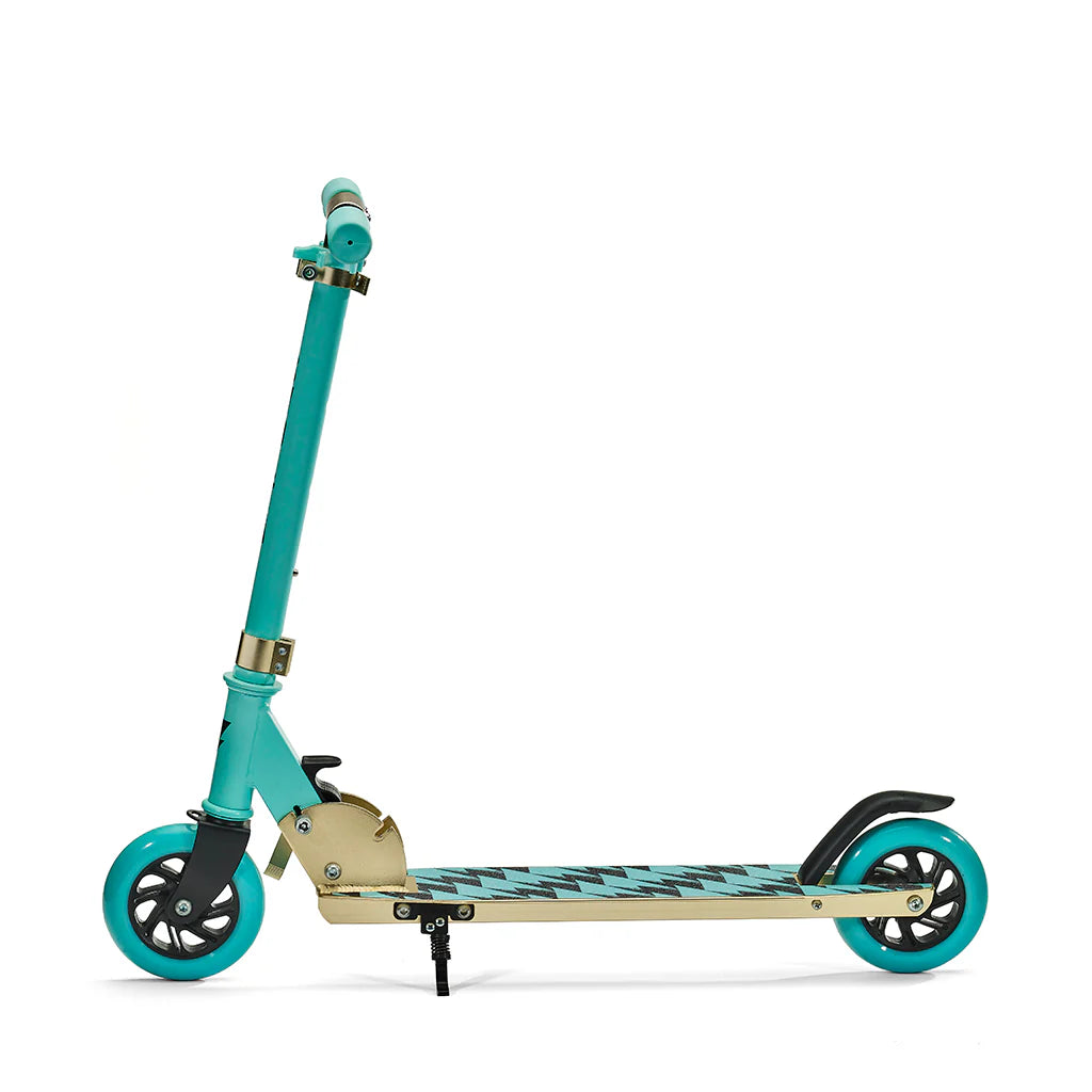 An SVOLTA turquoise and gold kick scooter with black wheels, shown from a side profile on a solid white background.