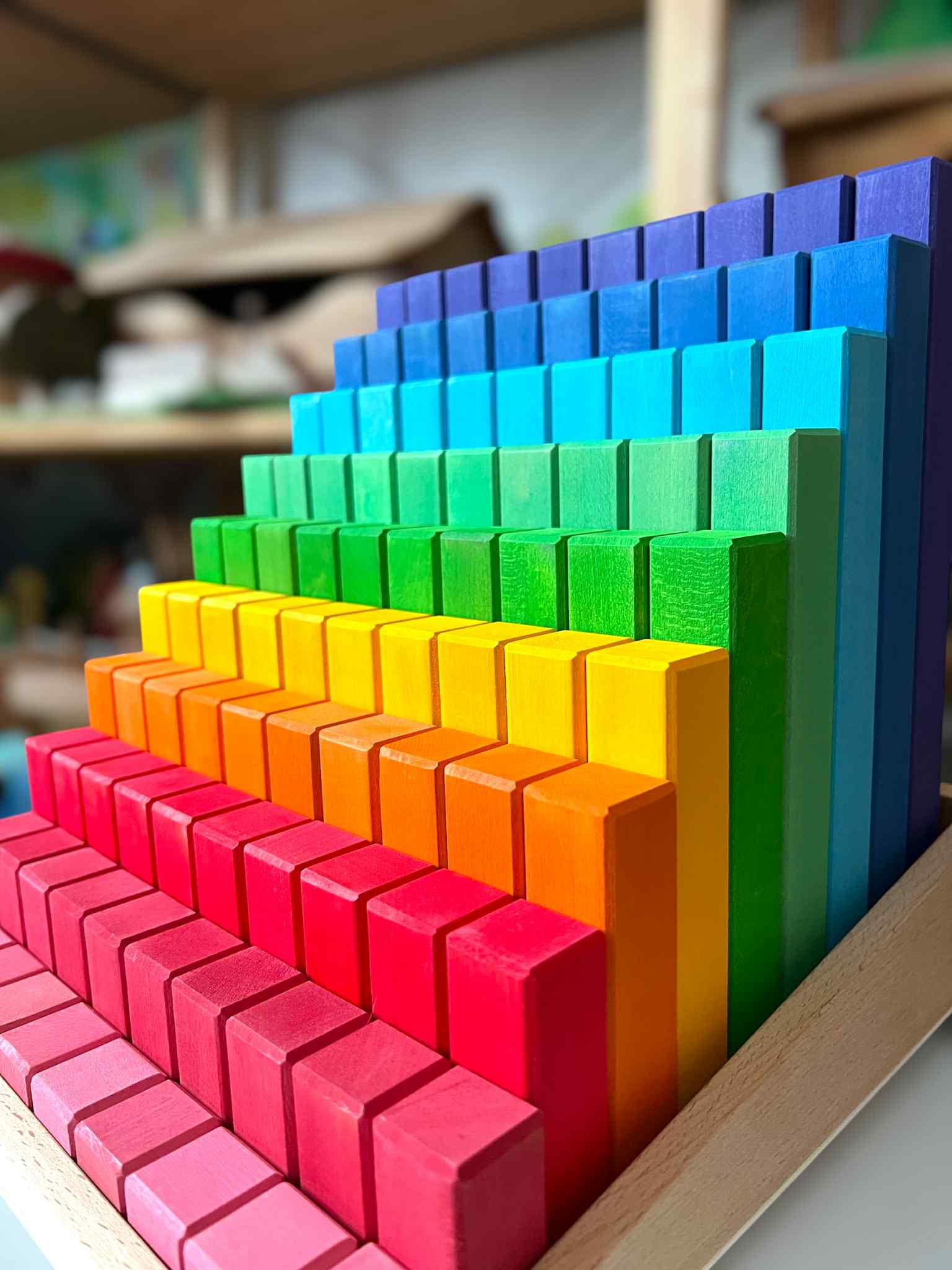 Building Steps Rainbow Counting Blocks – 100-Piece Wooden Prism Stair Set 