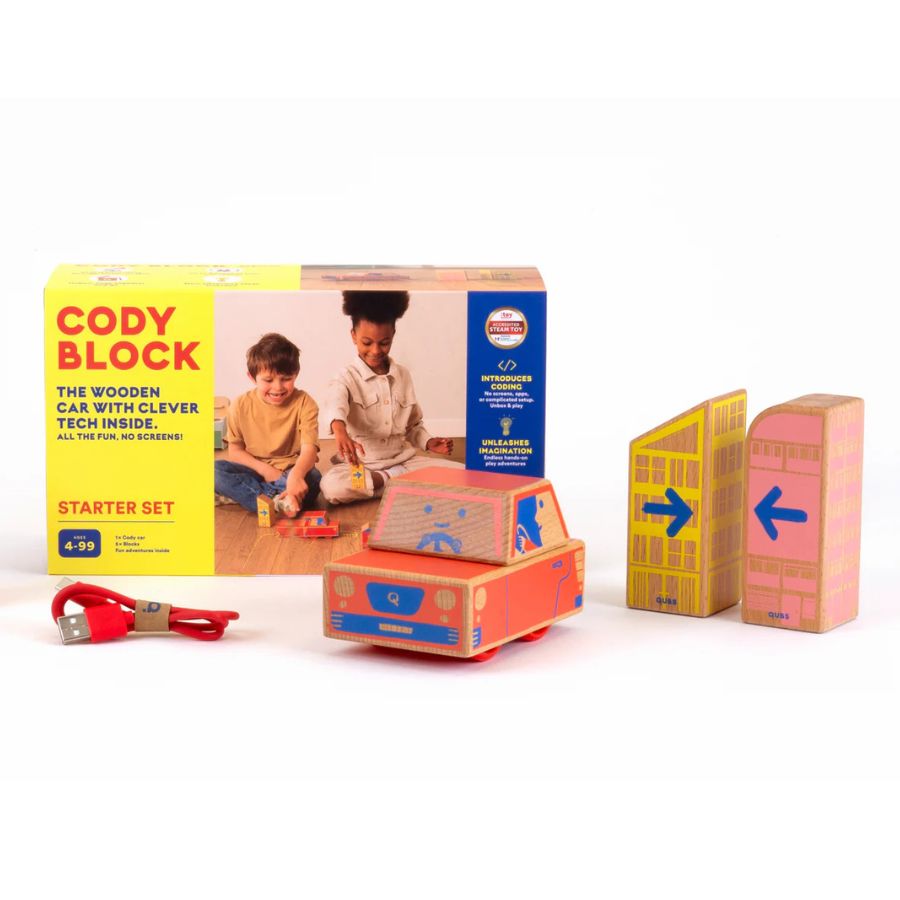 Cody Block wooden toy car starter set with its packaging box, a red USB charging cable, and three colorful wooden building blocks on a white background.