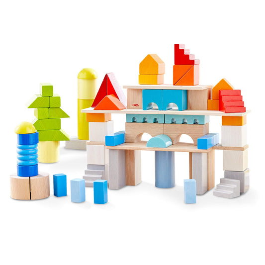 Colored Wooden Building Blocks - 85 Piece Set Architectural Blocks 
