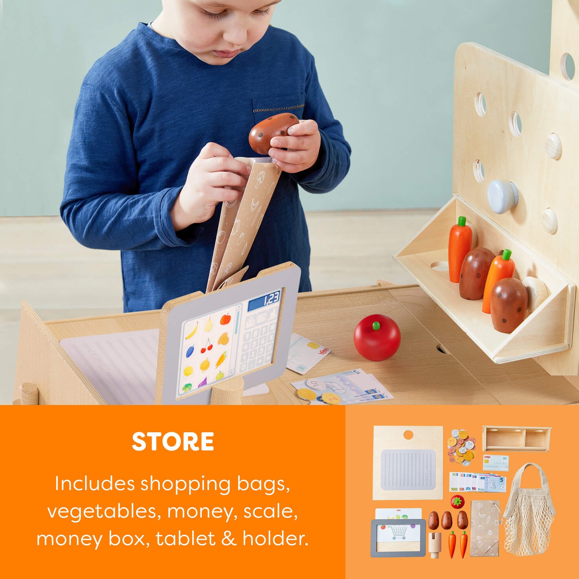 HABA USA - Creative Play 3 in 1 – Play Kitchen, Store & Workshop
