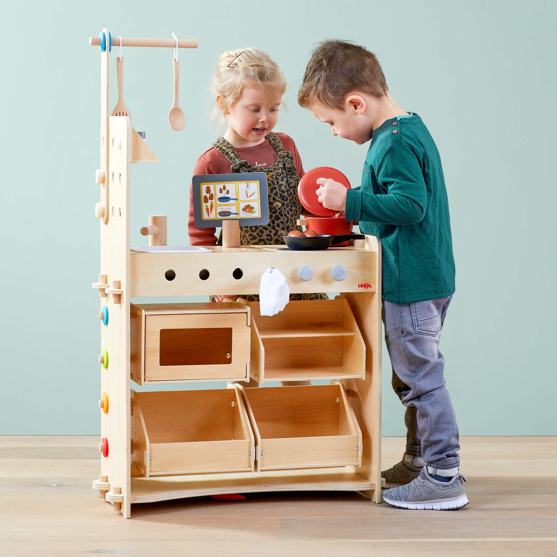 HABA USA - Creative Play 3 in 1 – Play Kitchen, Store & Workshop