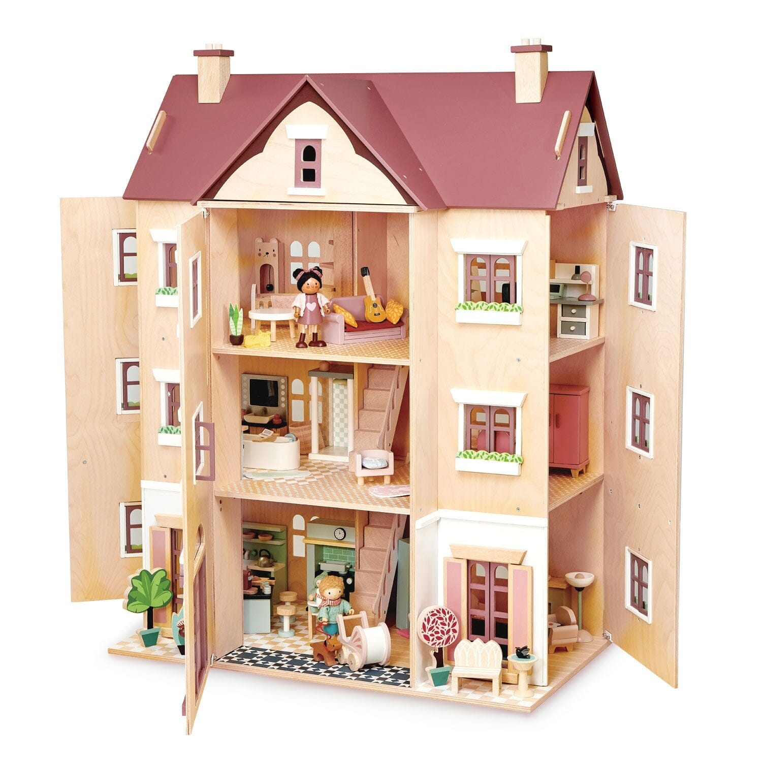 Fantail Hall 3 story dollhouse with front panels open.