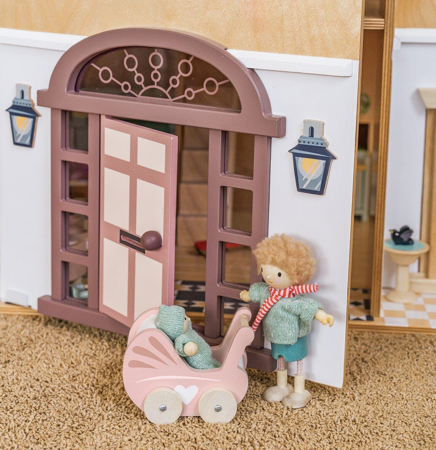 3 story dollhouse Fantail Hall by Tender Leaf Toys - front door.