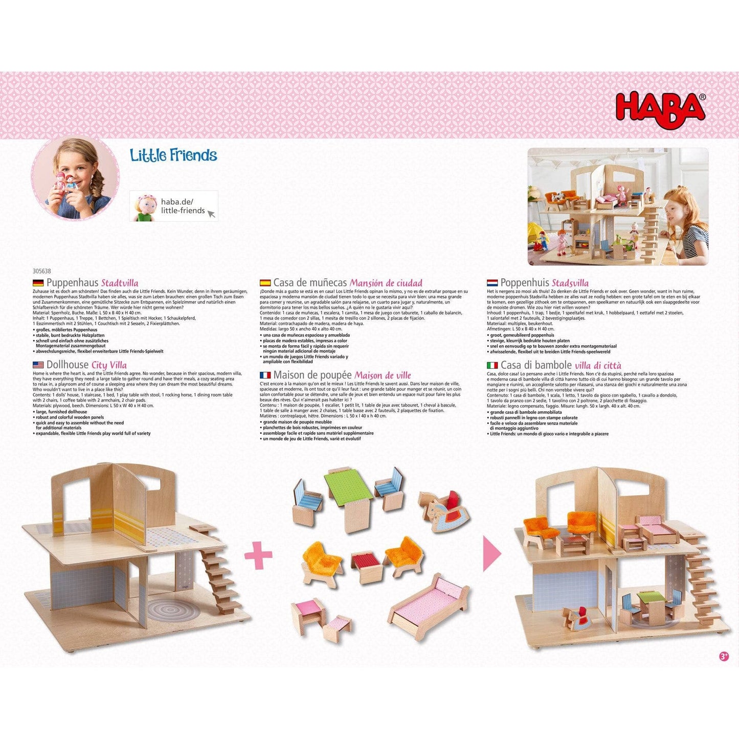 HABA USA - HABA Little Friends Dollhouse Town Villa with Furniture