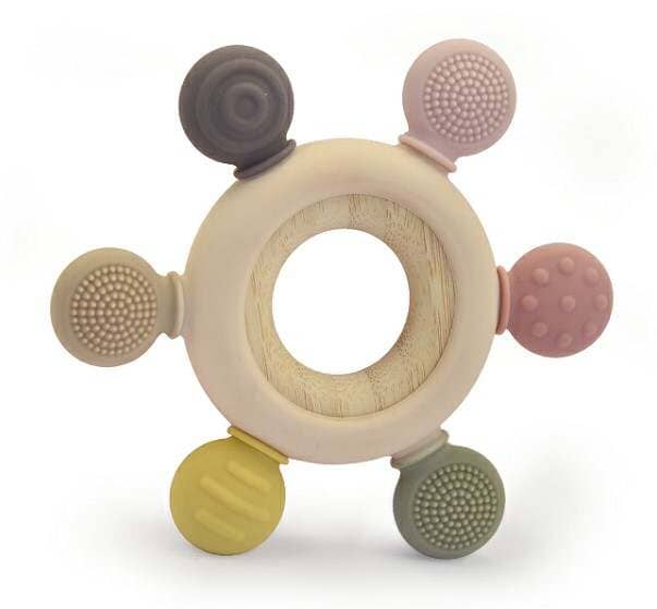 Infant teething toy with textured silicone knobs in natural colors.