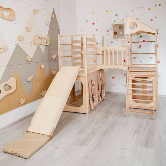 Large Playground Climber Playground Natural Wood Ramp + Mat 