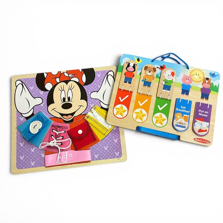 Two Melissa & Doug children's wooden puzzle toys on a white background. The left toy features Minnie Mouse on a purple patterned board with colorful clothing pieces.