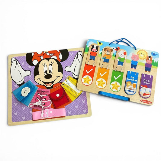 Two Melissa & Doug children's wooden puzzle toys on a white background. The left toy features Minnie Mouse on a purple patterned board with colorful clothing pieces.