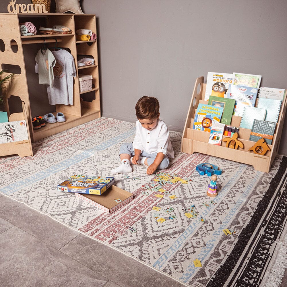 Montessori Bookshelf with books and child