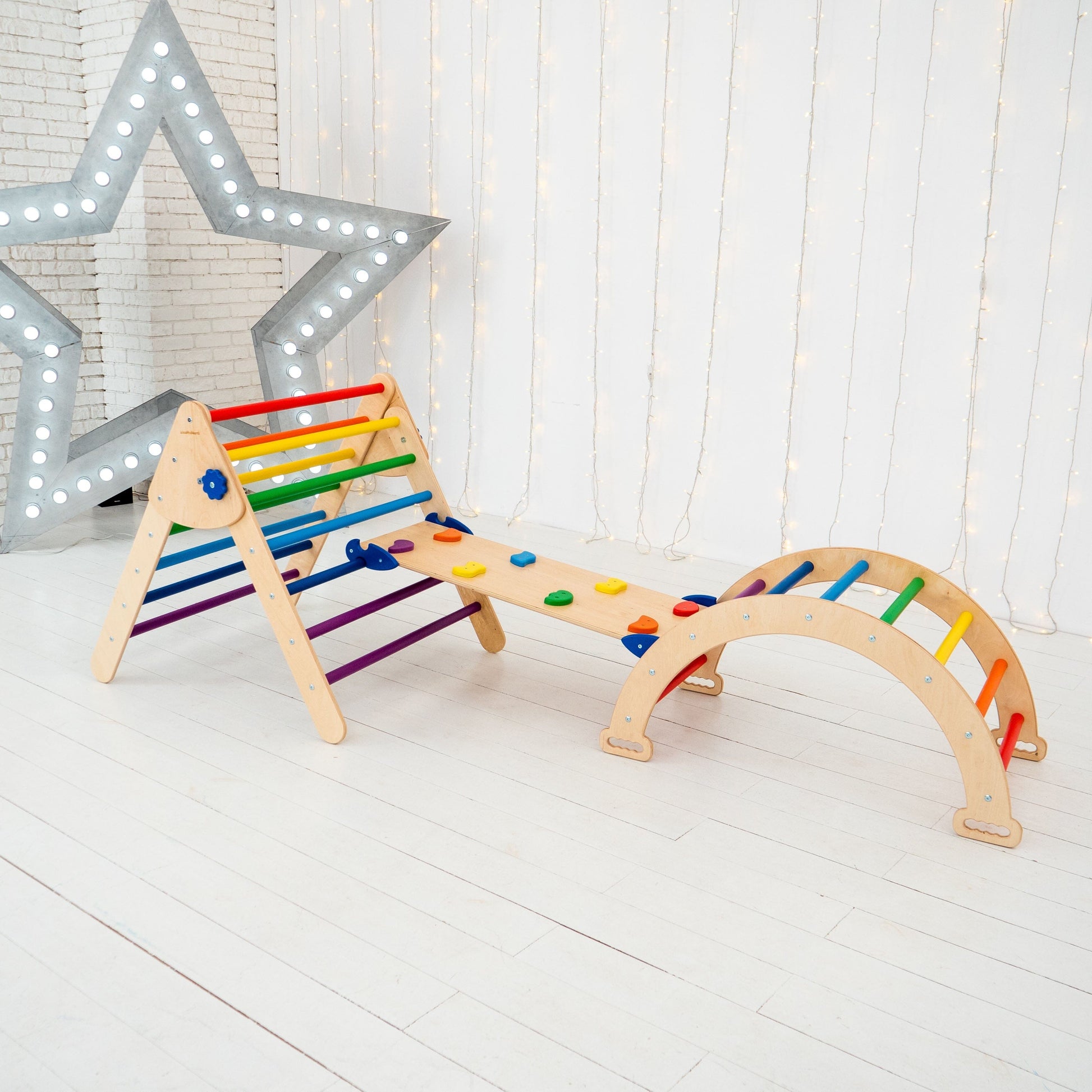 Montessori Climbing Set of 3 Climbing Set Natural Wood + Rainbow Rocks Large