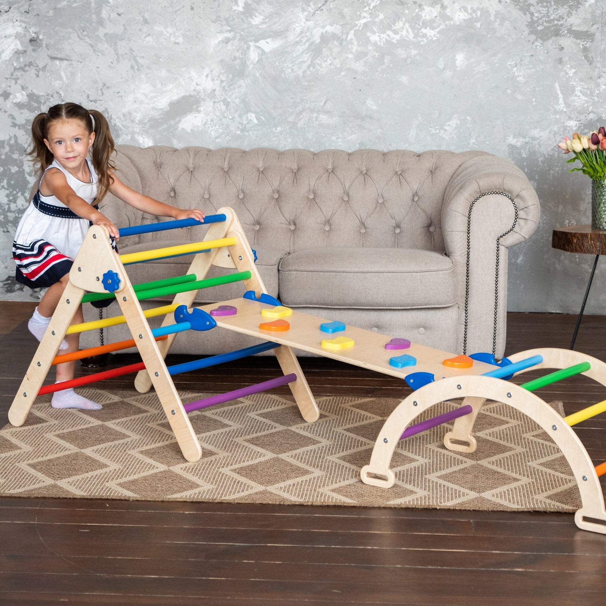 Montessori Climbing Set of 3 Climbing Set Natural Wood + Rainbow Rocks Small