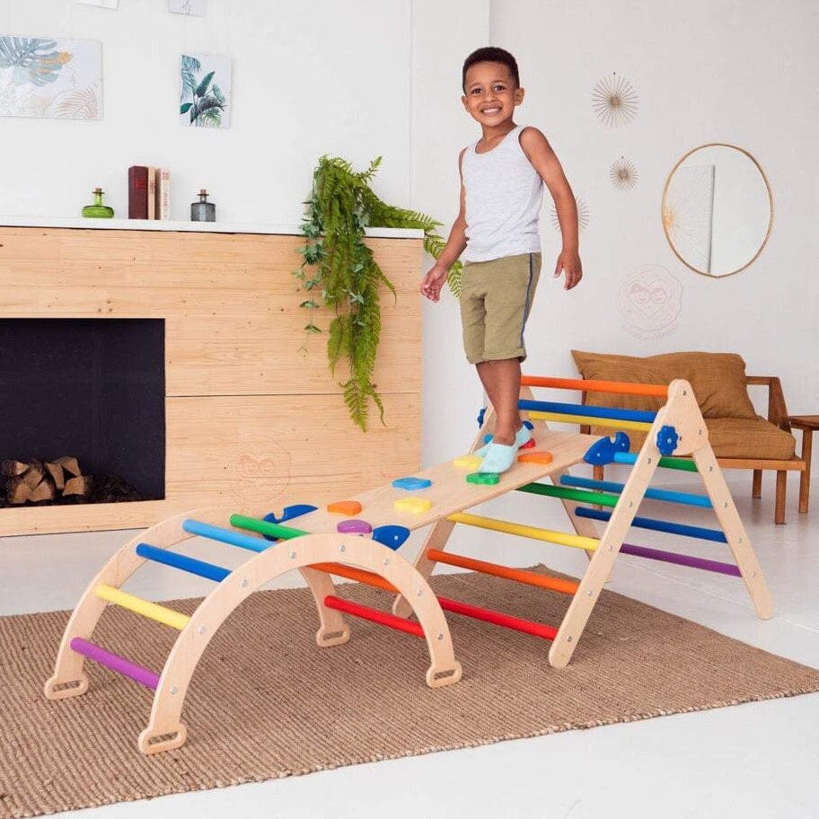 Montessori Climbing Set of 3 Climbing Set Natural Wood + Rainbow Rocks Standard