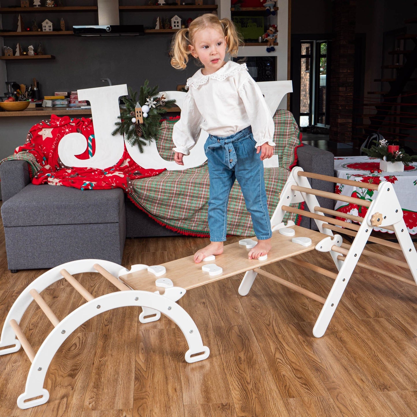 Montessori Climbing Set of 3 Climbing Set Natural Wood + White Rocks Small