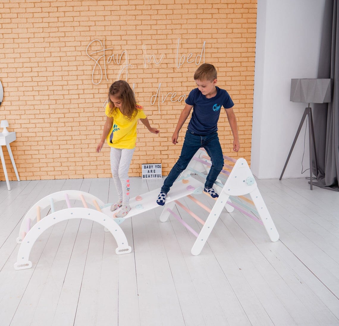 Montessori Climbing Set of 3 Climbing Set White + Pastel Rocks Large