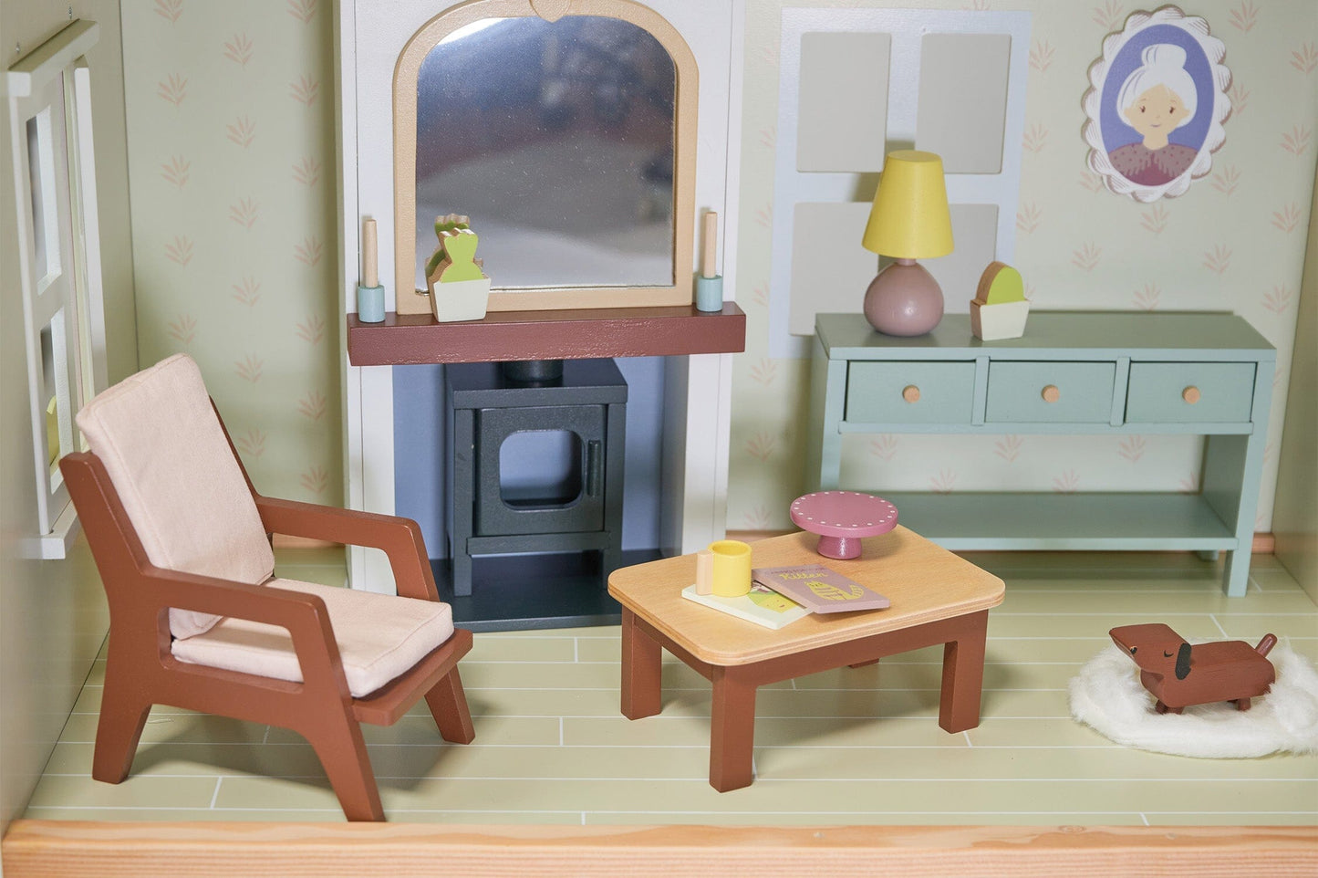 Wood dollhouse with furniture Tender Leaf Mulberry Mansion Living Room interior