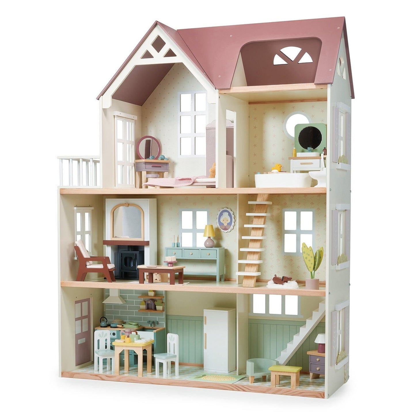 Wood dollhouse with furniture Tender Leaf Mulberry Mansion  open plan