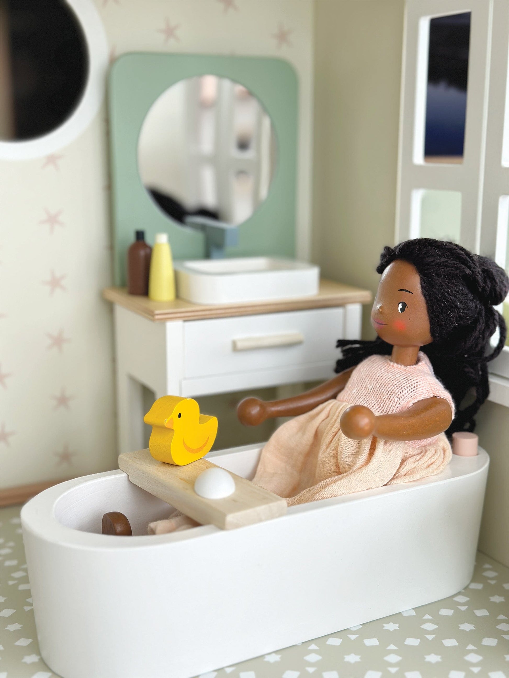 Doll in bath at Wood dollhouse with furniture Tender Leaf Mulberry Mansion 