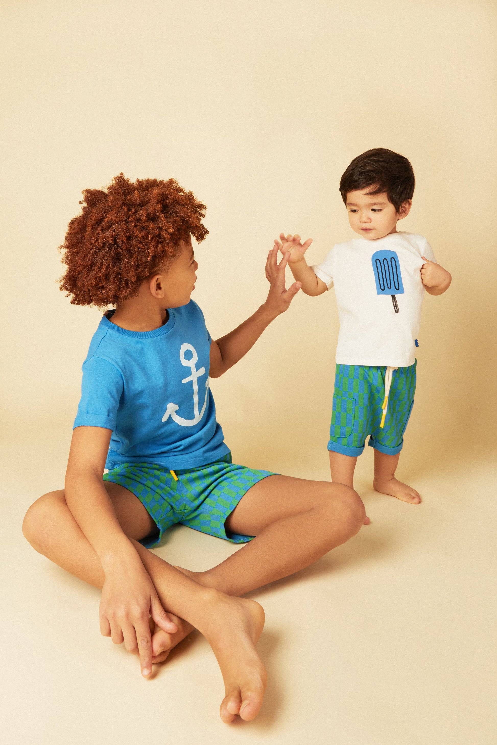 Recycled Cotton Blue Checkered Baby Short Shorts 