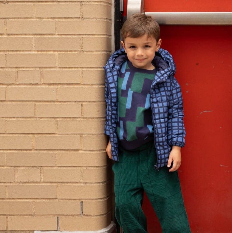 Recycled Nylon Blue Grid Puffer Jackets 