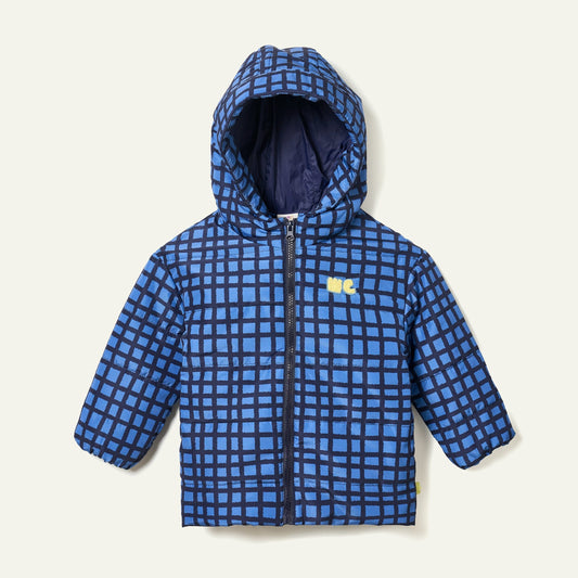 Recycled Nylon Blue Grid Puffer Jackets 
