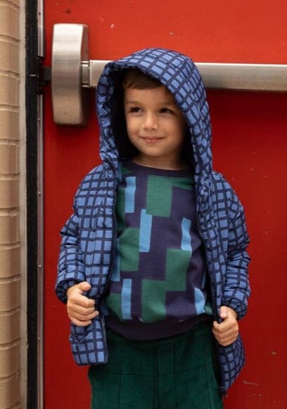 Recycled Nylon Blue Grid Puffer Jackets 