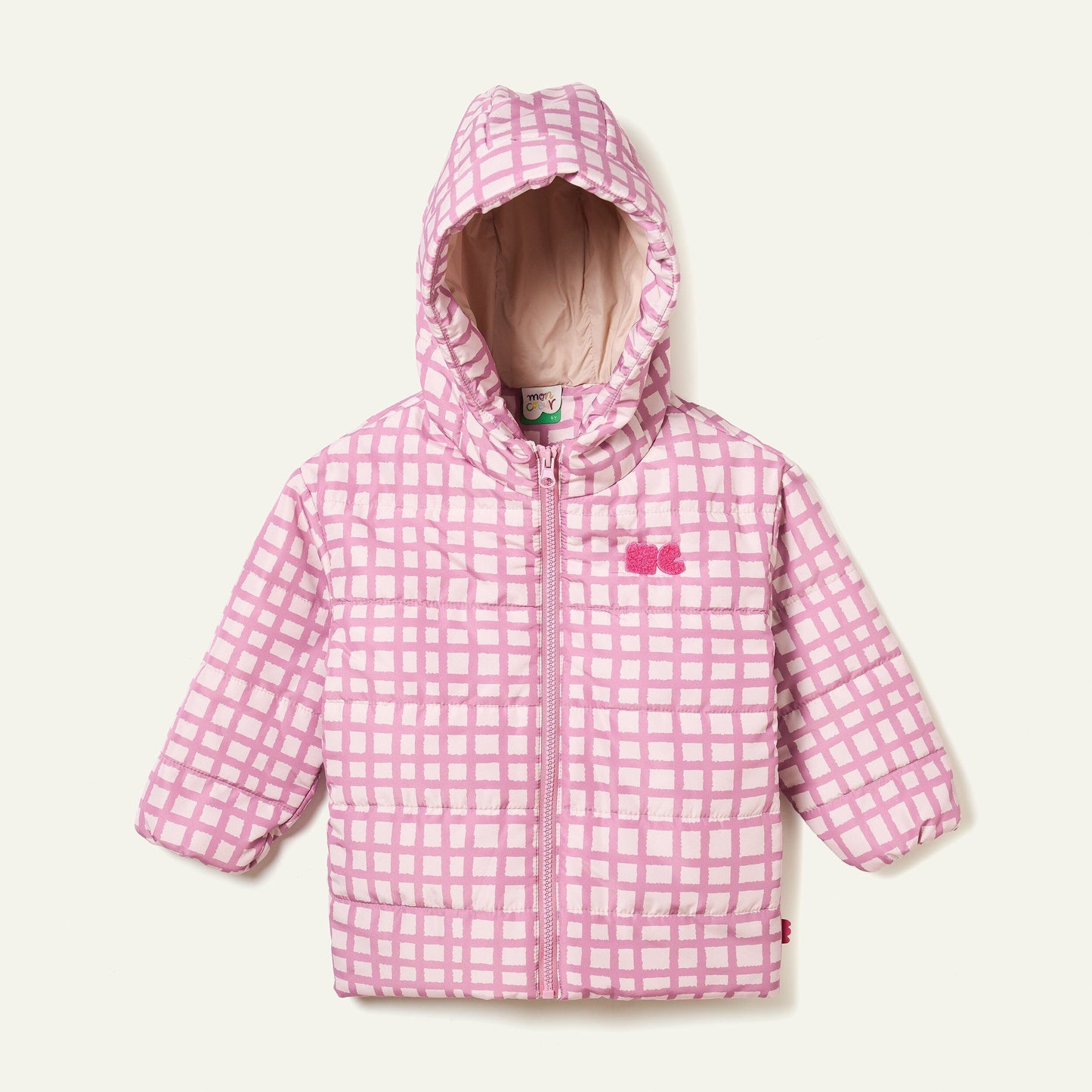 Recycled Nylon Pink Grid Puffer Jackets 