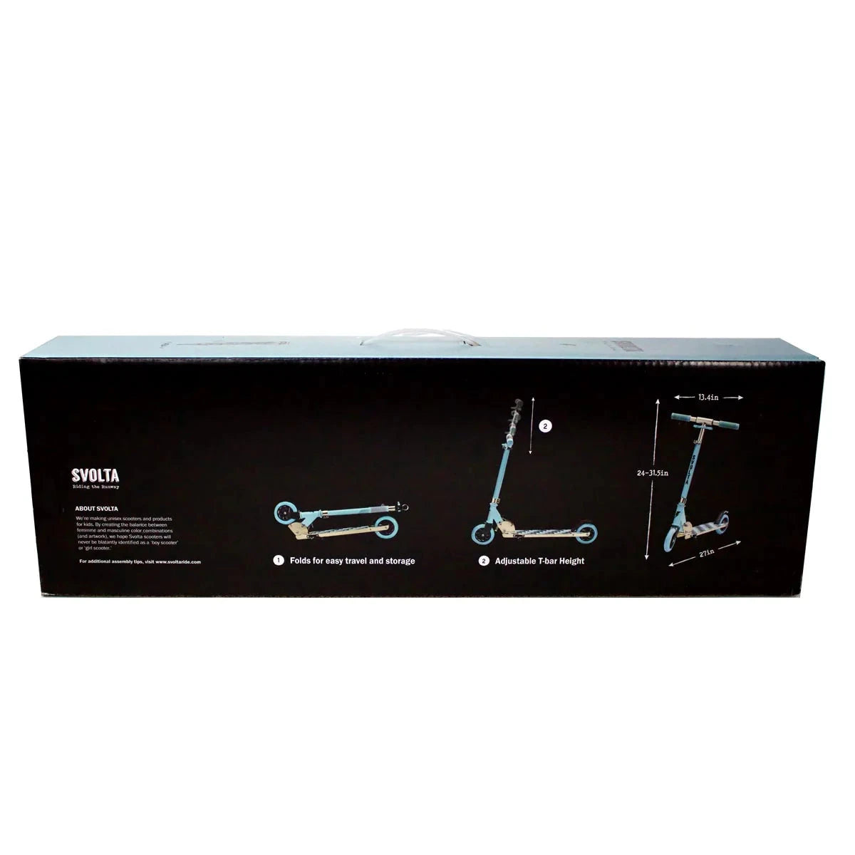 The back side of a product box for the SVOLTA Legend Kick Scooter, showing white line drawings of the scooter in different views with dimensions on a white background.