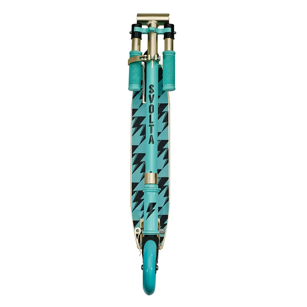A folded scooter shown vertically against a plain white background. The deck features a turquoise and black houndstooth pattern. THE brand name 'SVOLTA' IS printed vertically on the scooter handle.