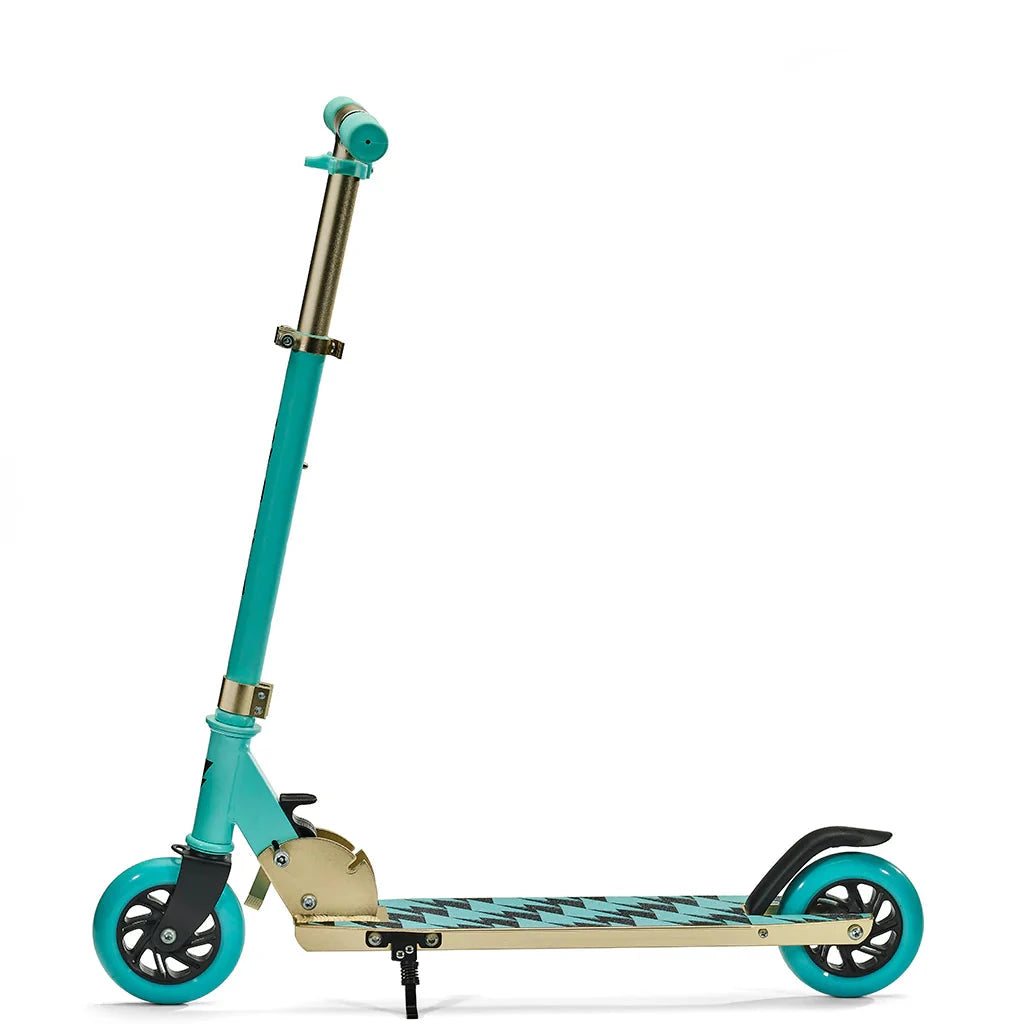 A turquoise and gold Svolta kick scooter with black wheels, shown from a side profile on a solid white background. Handle bar is extended.