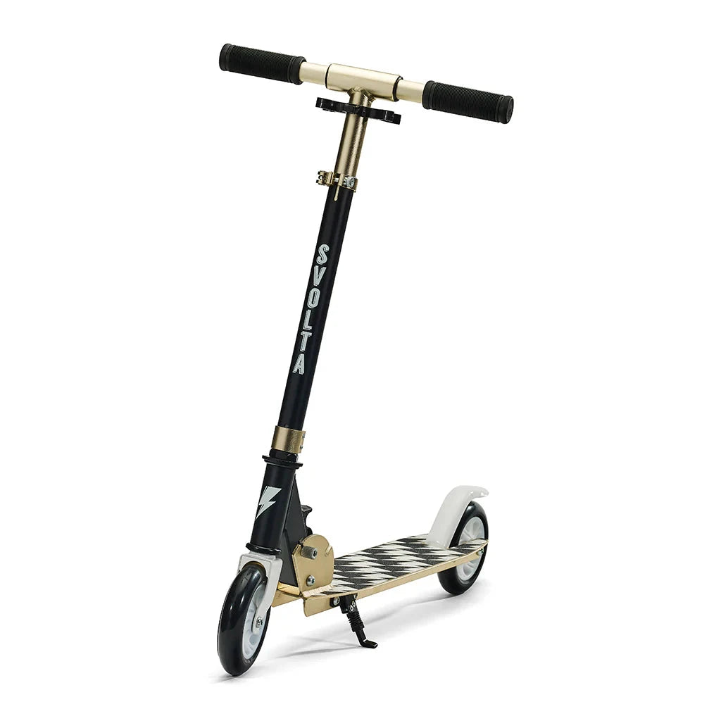 A black and gold kick scooter with a black-and-white checkered deck, black handlebar grips, and the brand name 'SVOLTA' printed vertically on the stem, shown on a white background.