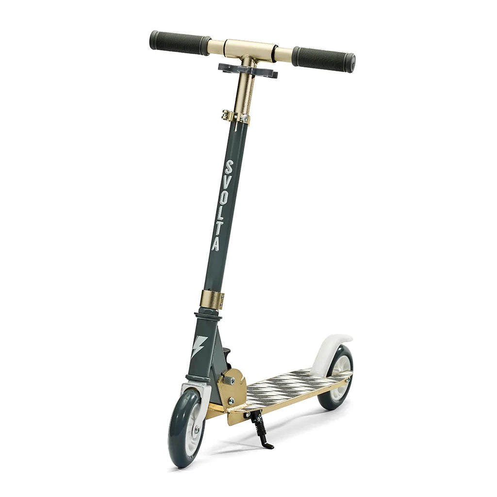 An SVOLTA Legend folding kick scooter with a gray frame, gold metal components, black grips, and a black-and-white checkered deck, shown on a white background.