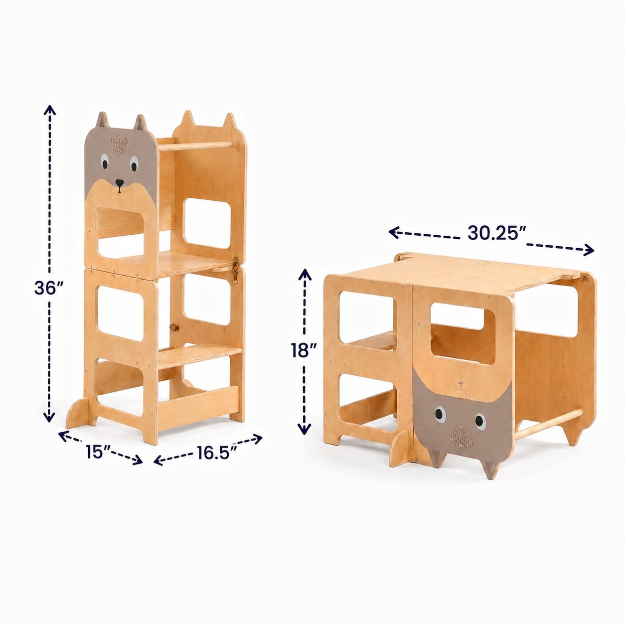 Toddler Tower dimensions — 36 in tall, 15 x 16.5 in base; convertible desk 30.25 x 18 in