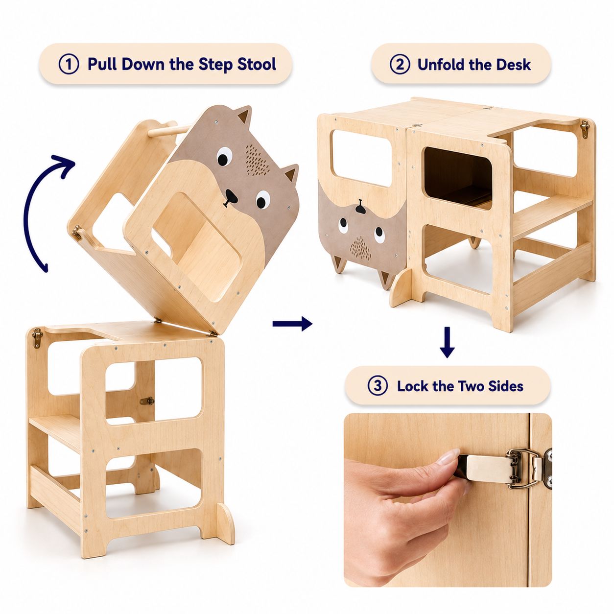 How the 4-in-1 Toddler Tower converts — pull down the step stool, unfold the desk, lock the two sides