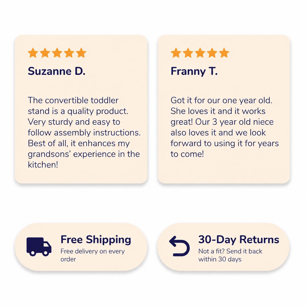 Five-star Toddler Tower customer reviews with free shipping and 30-day return badges