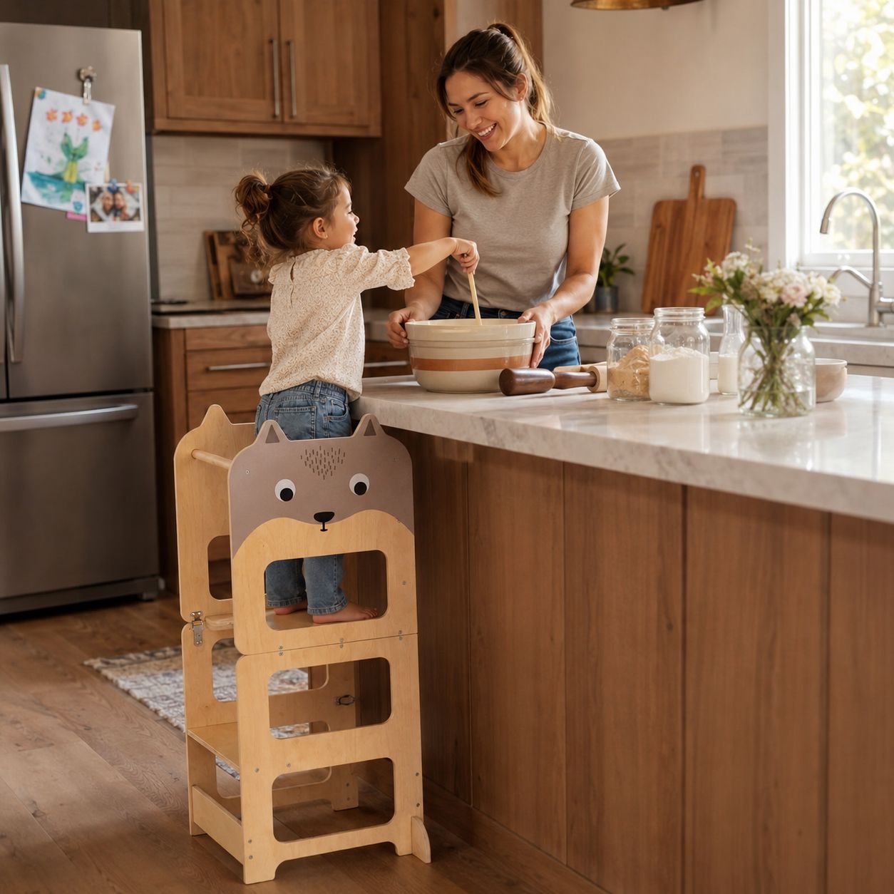 Child mixing a bowl beside mom while standing in the Toddler Tower