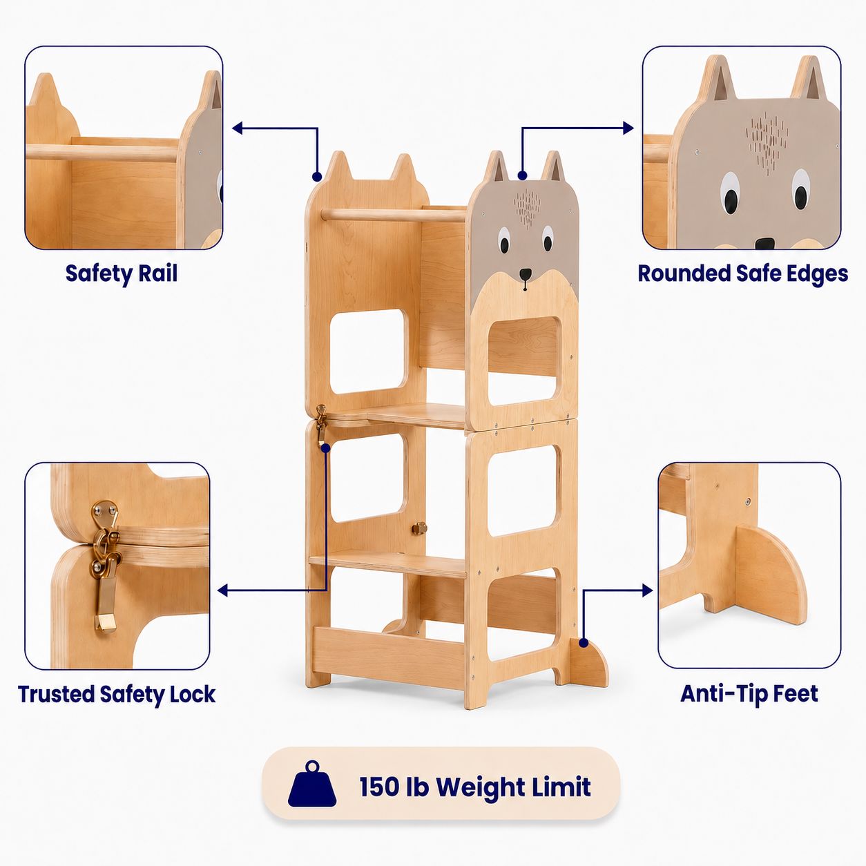 Toddler Tower safety features — safety rail, rounded edges, safety lock, anti-tip feet, 150 lb weight limit