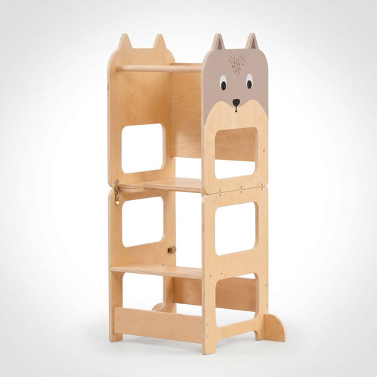 4-in-1 Toddler Tower in birch plywood with wolf face panel — Oma Oma Oma
