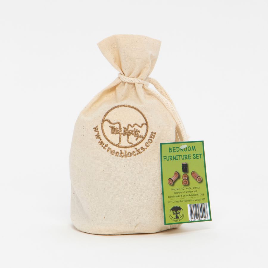 A beige drawstring fabric bag containing a bedroom furniture set, with a green product tag attached on the right side. The bag features a brown circular logo for 'The Tree Block'.