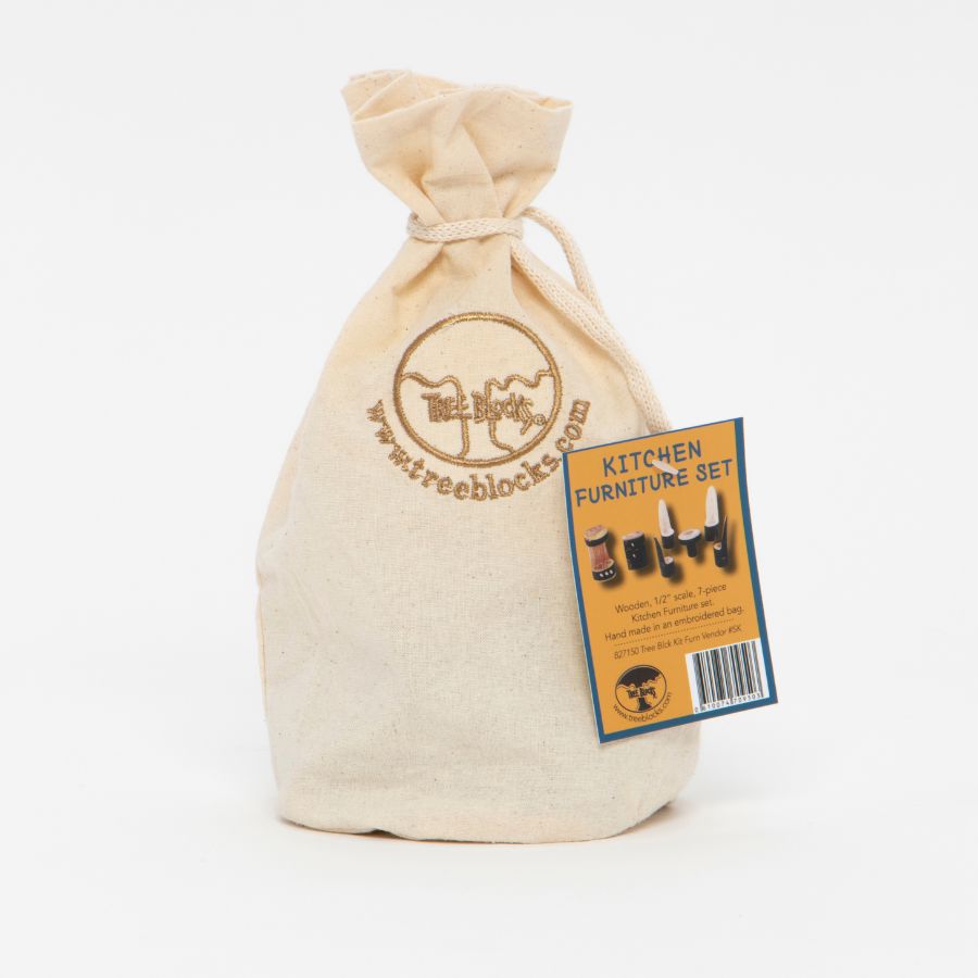 A beige canvas drawstring bag containing a kitchen furniture set, with a product tag attached on the right side. The bag features a brown printed logo for 'Tree Blocks' on the front.