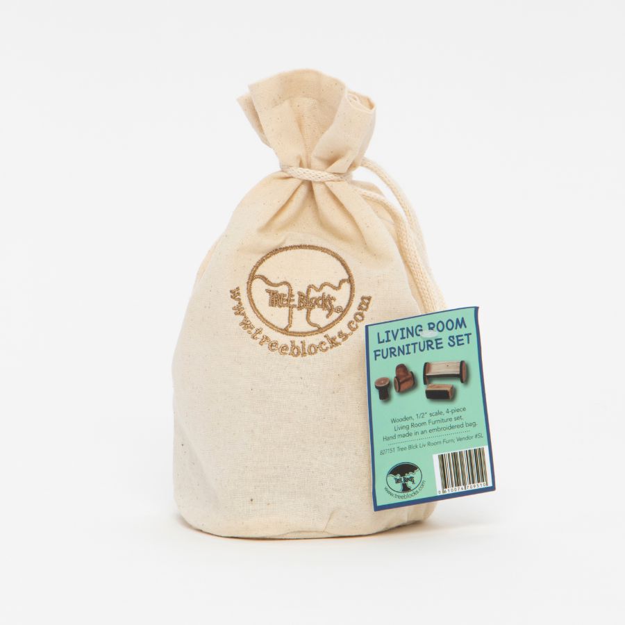 A natural canvas drawstring pouch bag with a brown printed logo for 'Tree Blocks' and a green product tag reading 'LIVING ROOM FURNITURE SET' attached, on a white background.