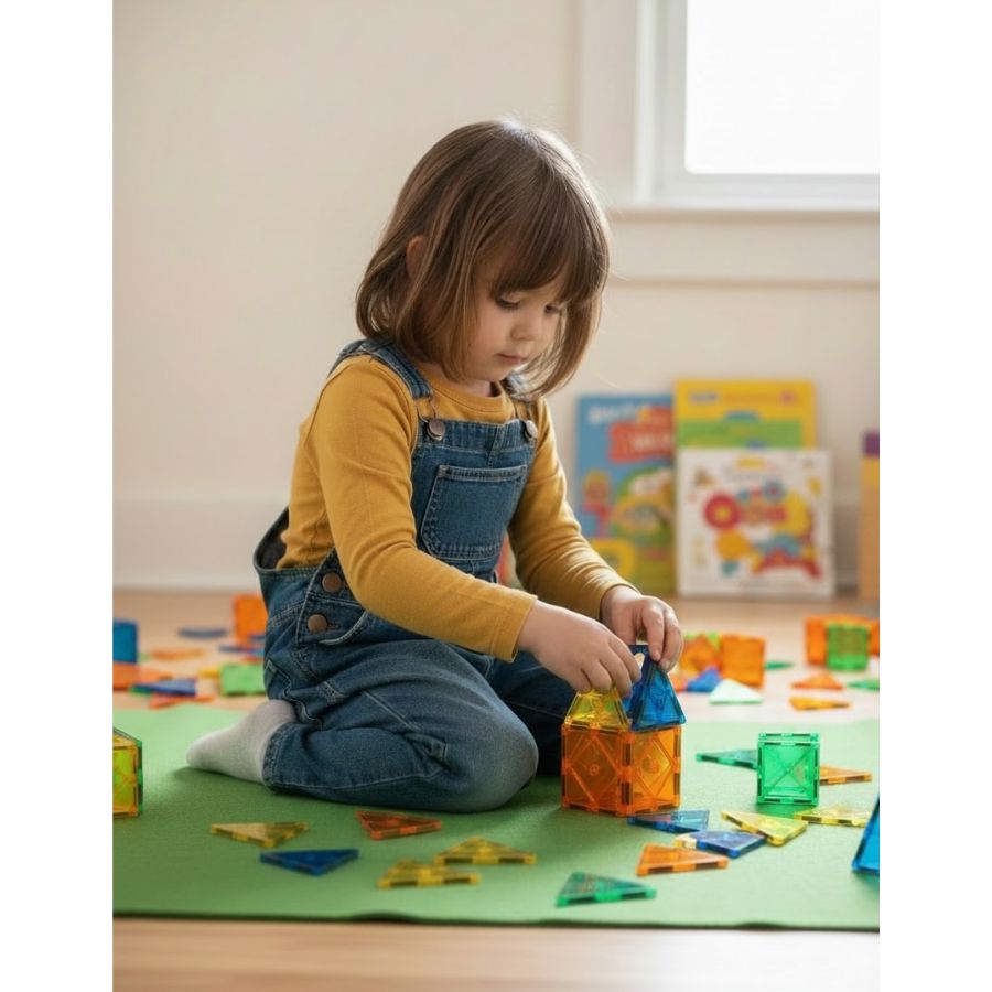A young child wearing denim overalls and a yellow long-sleeve shirt sits on a green mat, playing with colorful Tytan Tiles magnetic building blocks in a brightly lit room.