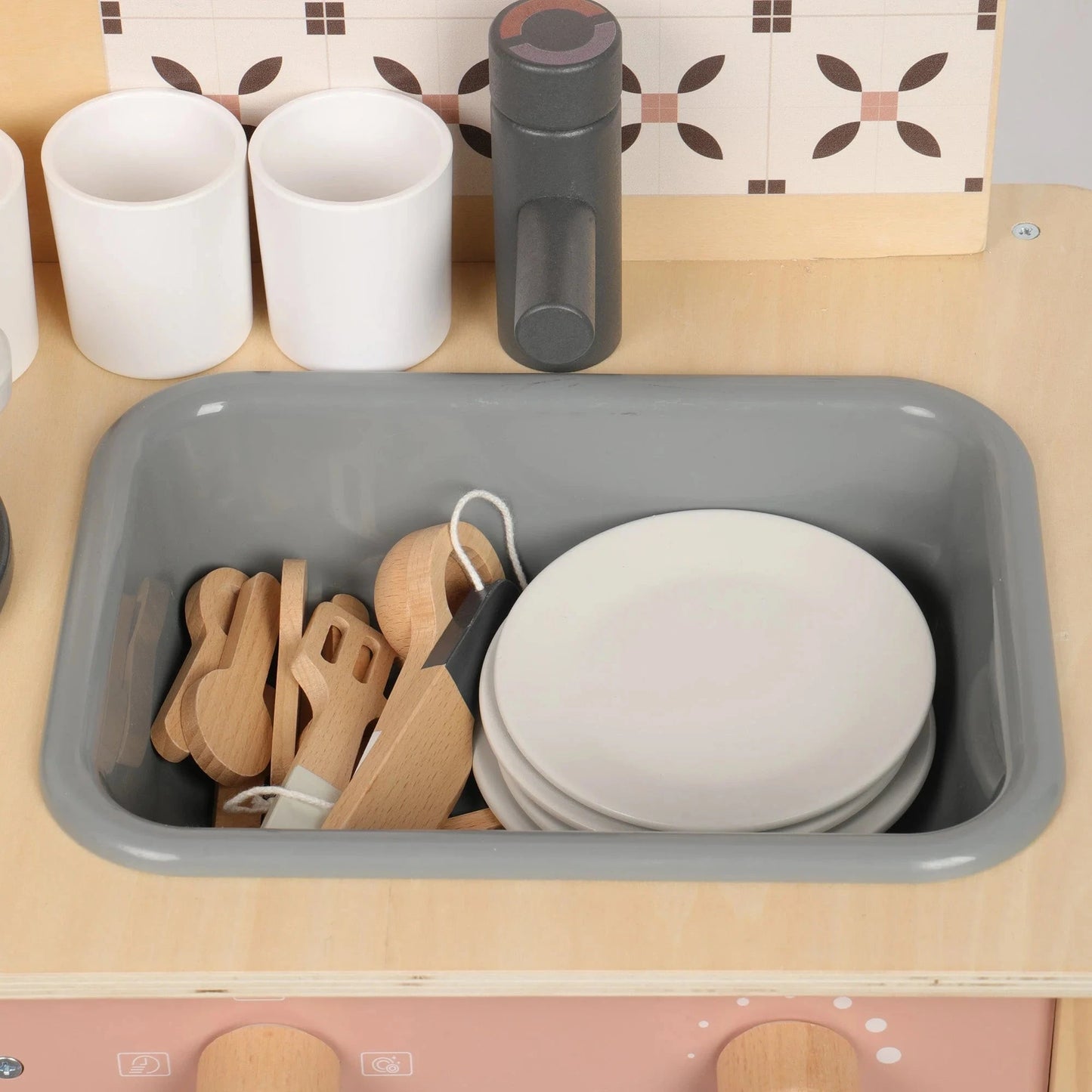 Wooden Play Kitchen with Accessories in the wash basin