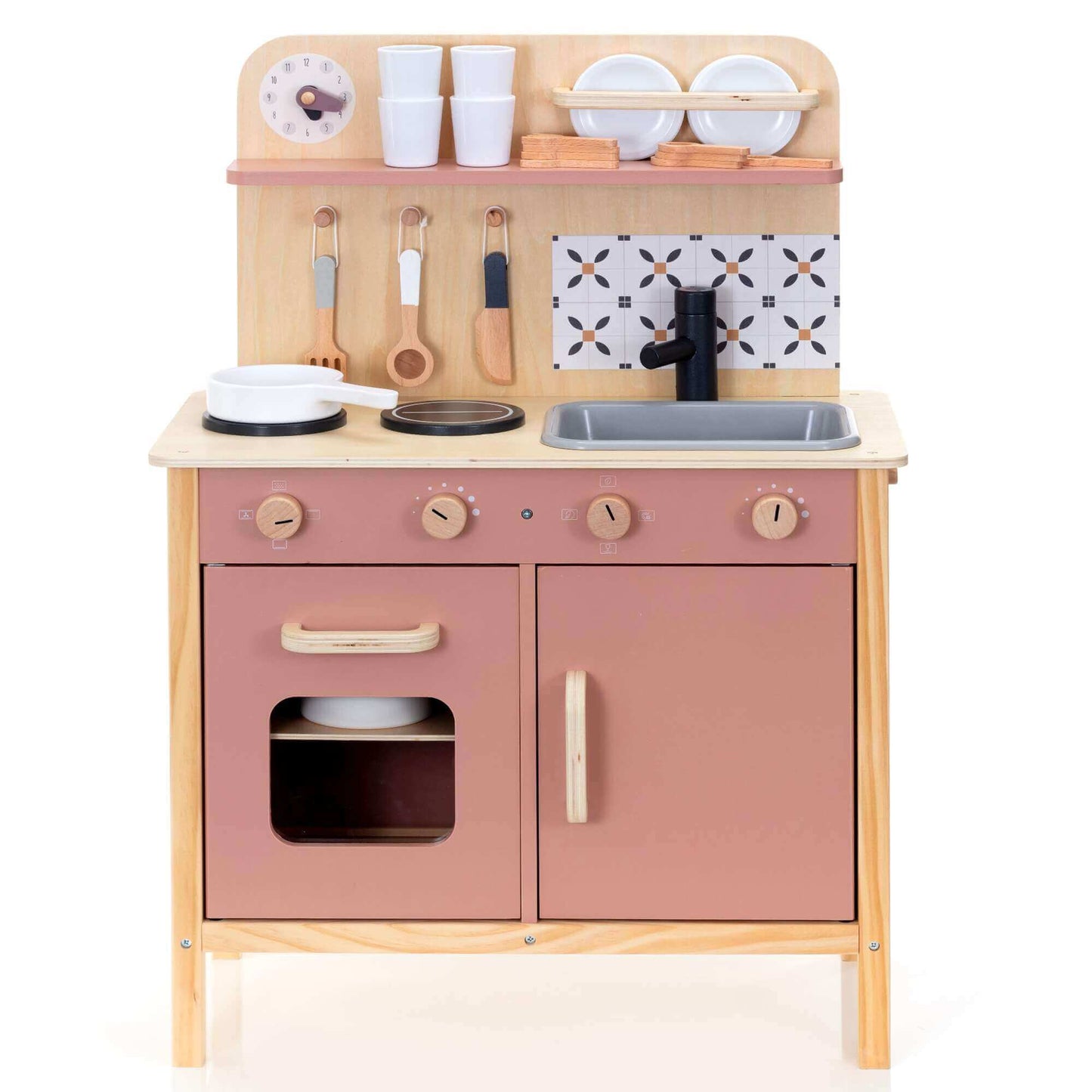 OmaOmaOma Wooden Play Kitchen with 22 Accessories for Kids, front on view
